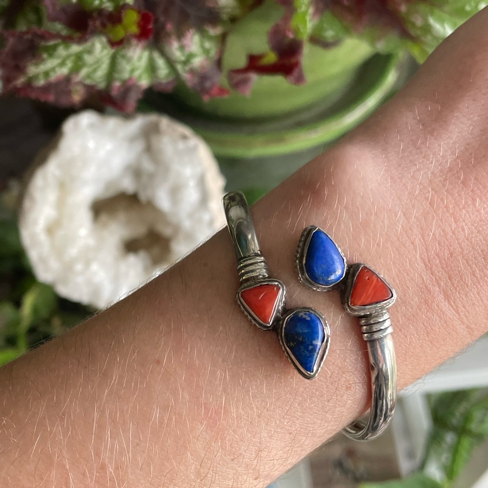 Vintage Coral & Lapis Silver Open Cuff Bracelet
